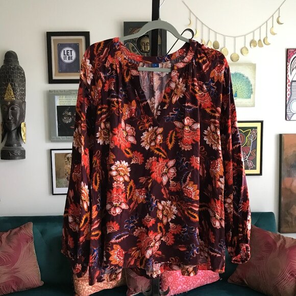 OLD NAVY size XL Autumn Toned Floral Burgundy Long Sleeve Peasant Top - Picture 1 of 5